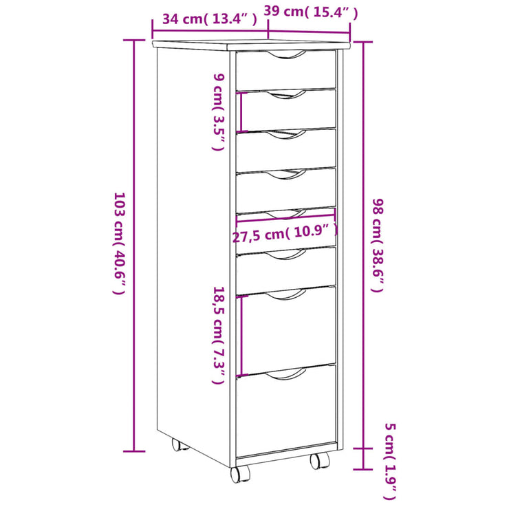 Rolling Cabinet with Drawers MOSS White Solid Wood Pine