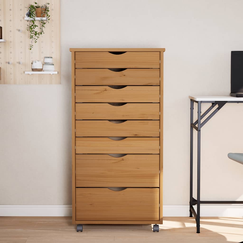 Rolling Cabinet with Drawers "MOSS" Honey Brown Solid Wood Pine