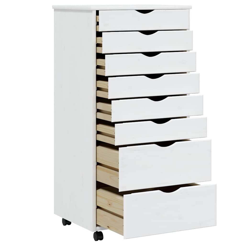 Rolling Cabinet with Drawers "MOSS" White Solid Wood Pine