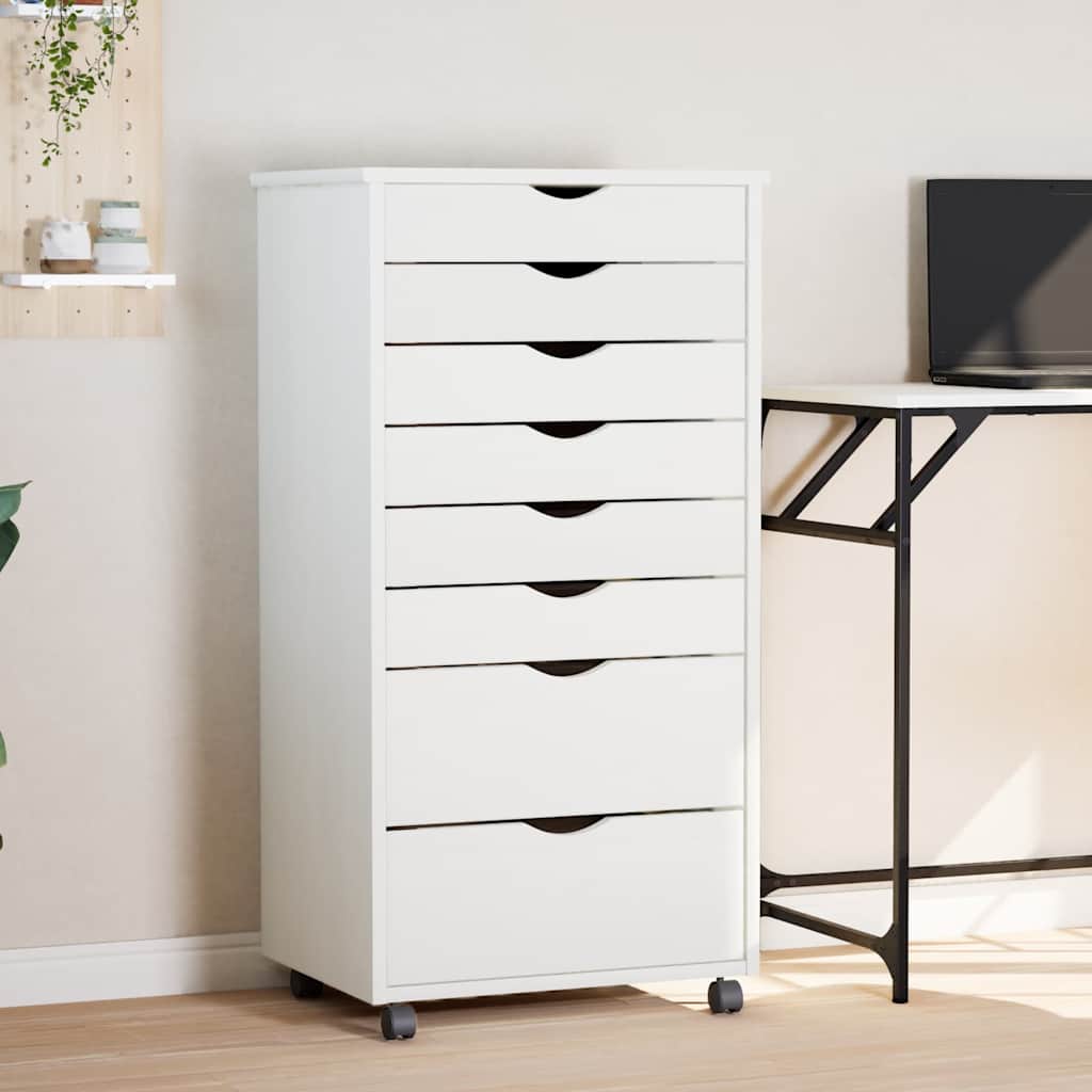 Rolling Cabinet with Drawers "MOSS" White Solid Wood Pine