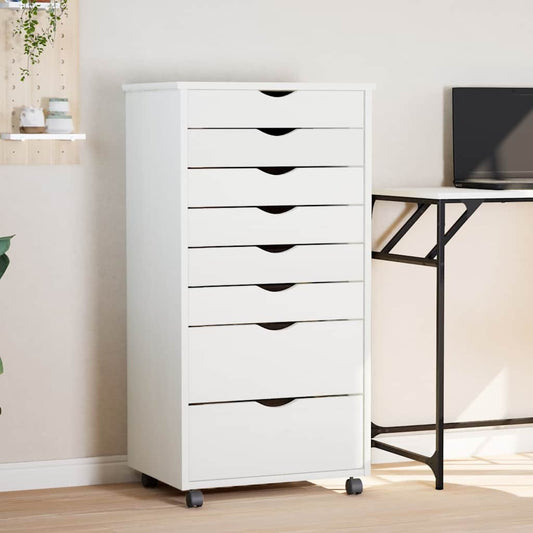Rolling Cabinet with Drawers "MOSS" White Solid Wood Pine