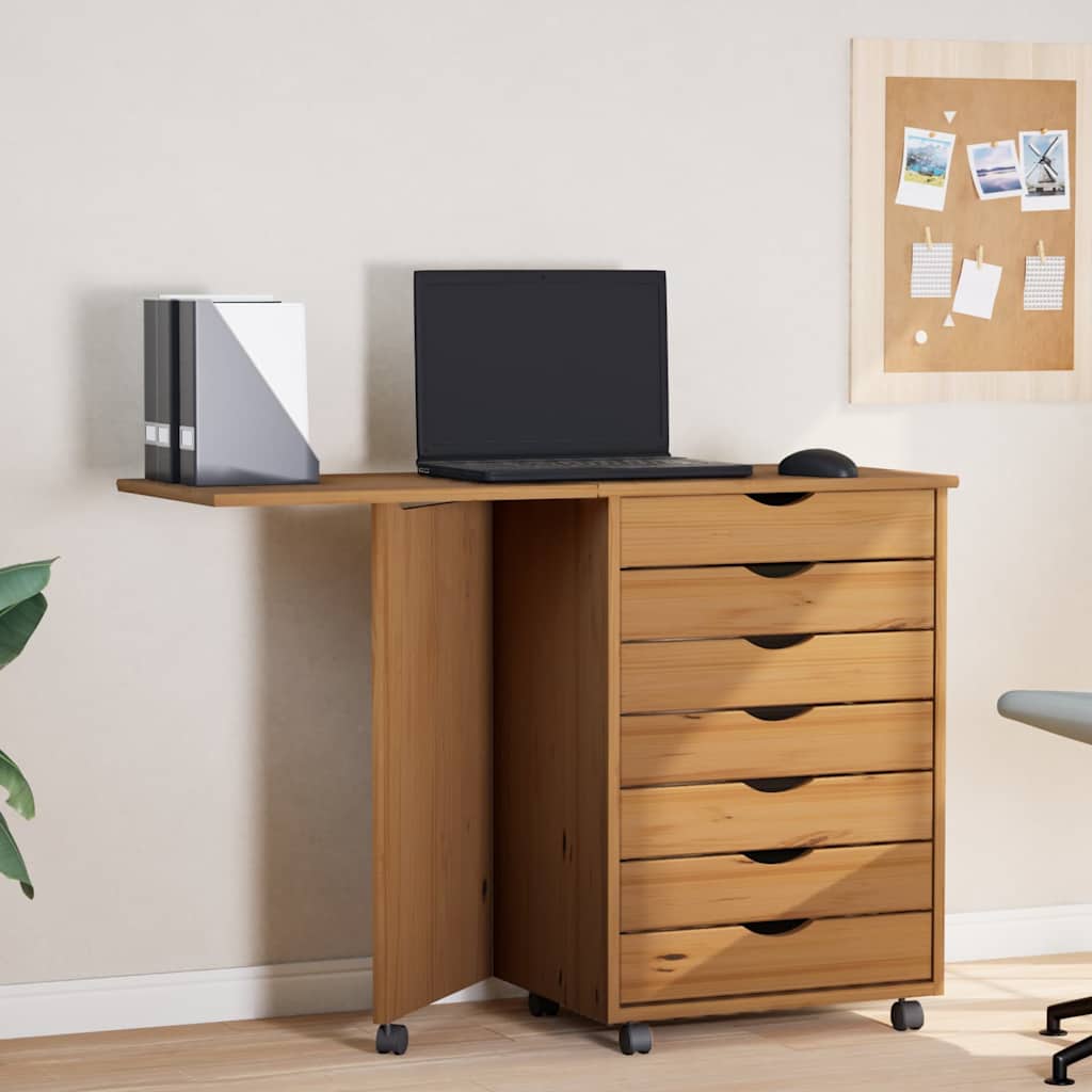 Rolling Cabinet with Desk MOSS Honey Brown Solid Wood Pine
