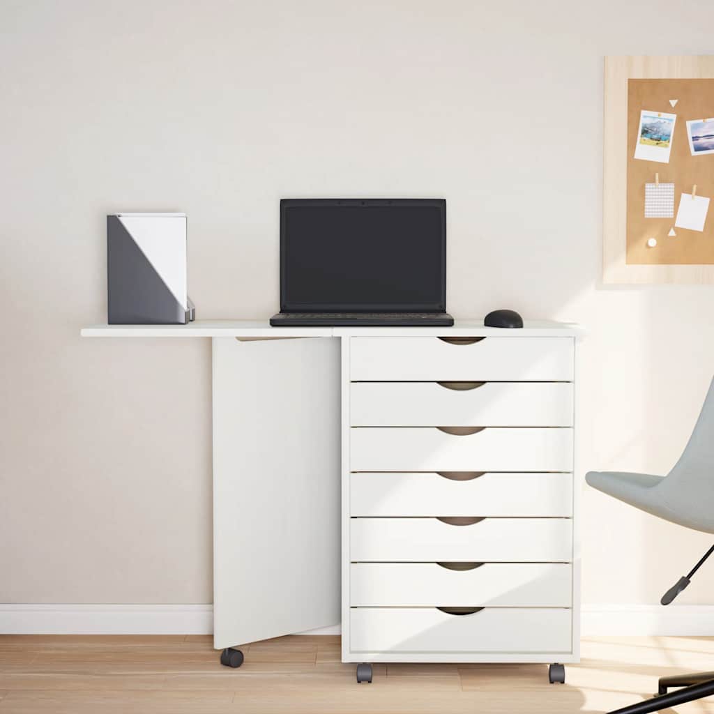 Rolling Cabinet with Desk MOSS White Solid Wood Pine