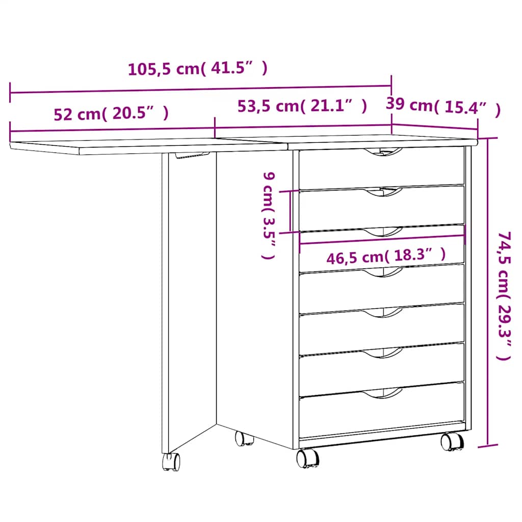 Rolling Cabinet with Desk MOSS White Solid Wood Pine