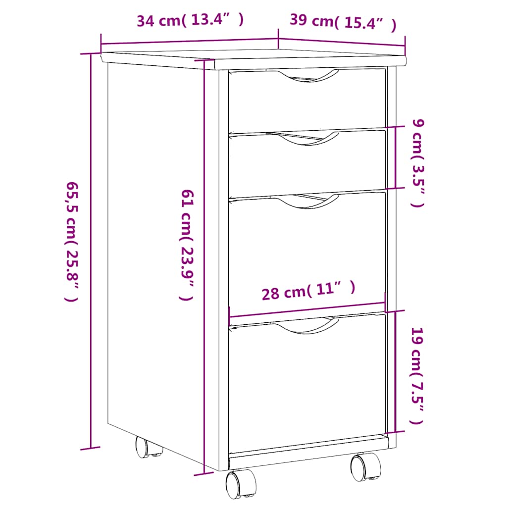 Rolling Cabinet with Drawers MOSS Honey Brown Solid Wood Pine