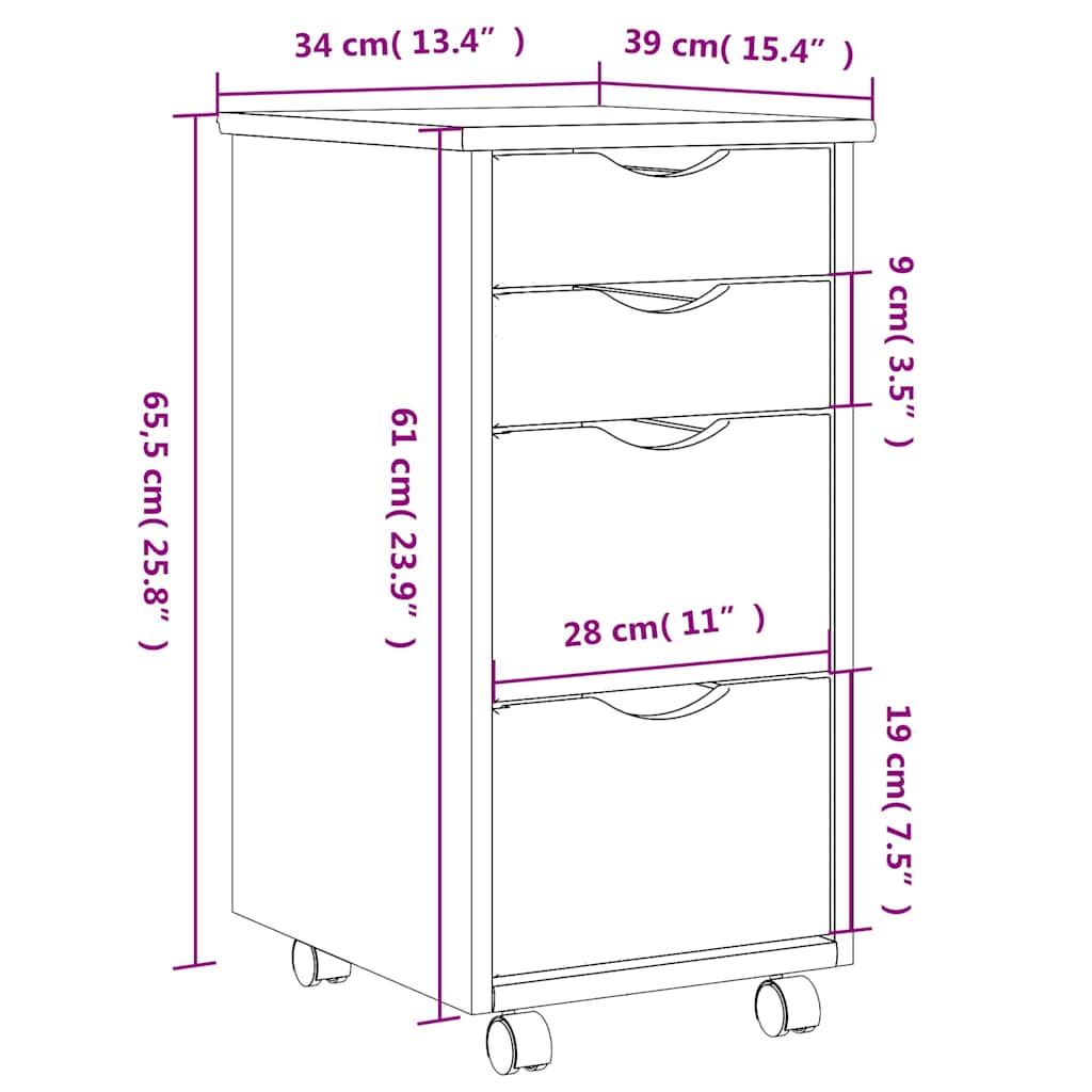 vidaXL Rolling Cabinet White Solid pine wood, engineered wood, plastic