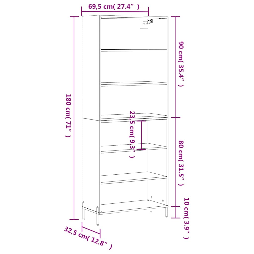 Highboard Black 69.5x32.5x180 cm Engineered Wood