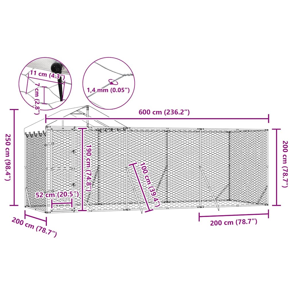 Outdoor Dog Kennel with Roof Silver 19.7‘x6.6‘x8.2‘ Galvanized Steel