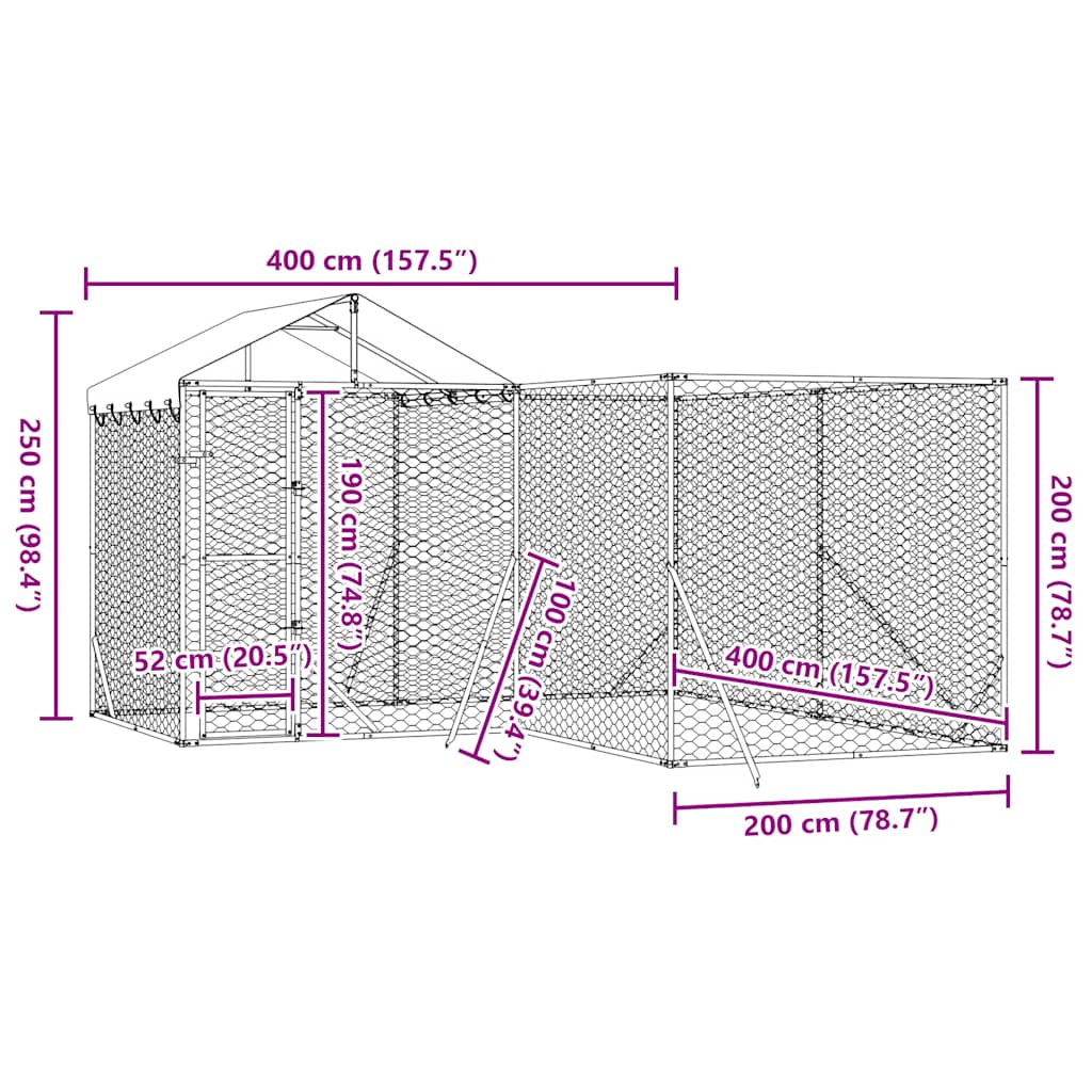 Outdoor Dog Kennel with Roof Silver 13.1‘x13.1‘x8.2‘ Galvanized Steel