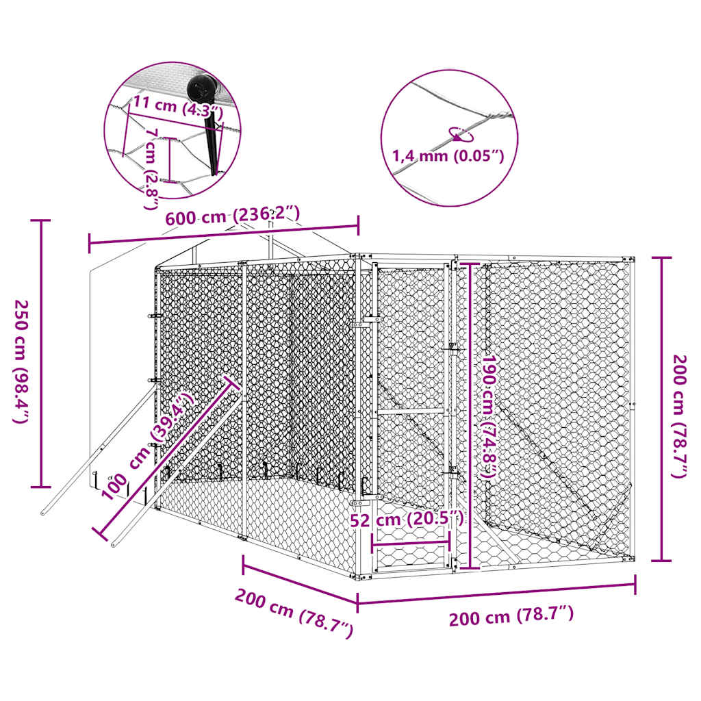 Outdoor Dog Kennel with Roof Silver 6.6‘x19.7‘x8.2‘ Galvanized Steel