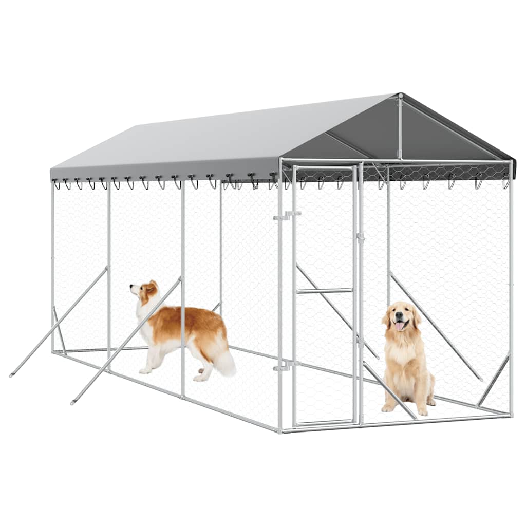 Outdoor Dog Kennel with Roof Silver 6.6‘x19.7‘x8.2‘ Galvanized Steel