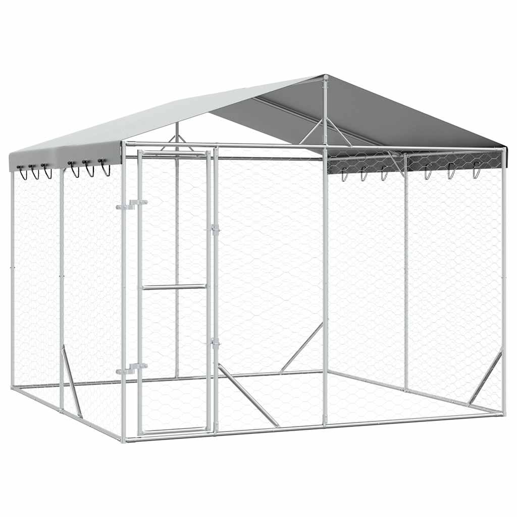 Outdoor Dog Kennel with Roof Silver 9.8‘x9.8‘x8.2‘ Galvanized Steel