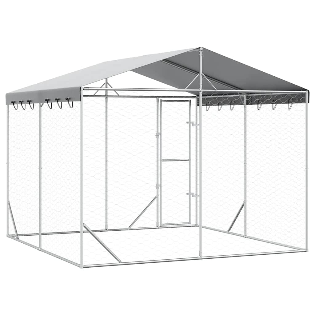 Outdoor Dog Kennel with Roof Silver 9.8‘x9.8‘x8.2‘ Galvanized Steel