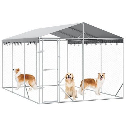 Outdoor Dog Kennel with Roof Silver 9.8‘x14.8‘x8.2‘ Galvanized Steel
