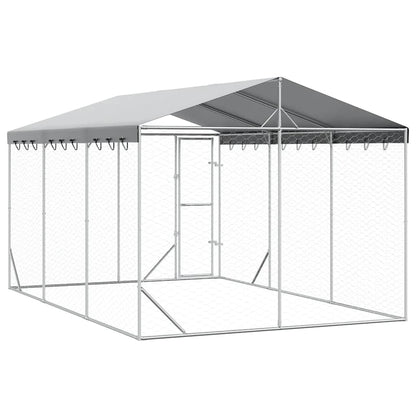 Outdoor Dog Kennel with Roof Silver 9.8‘x14.8‘x8.2‘ Galvanized Steel