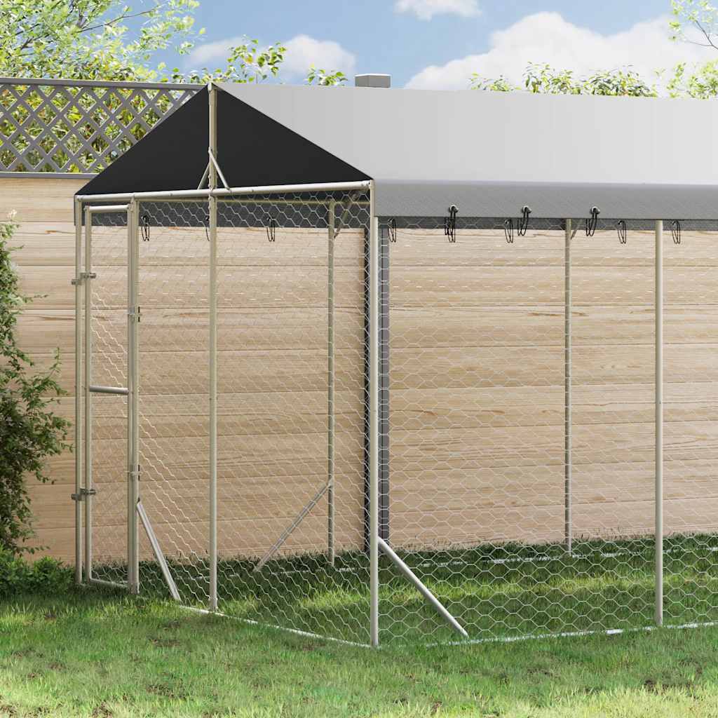 Outdoor Dog Kennel with Roof Silver 9.8‘x14.8‘x8.2‘ Galvanized Steel