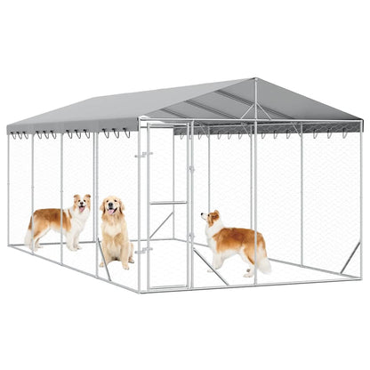 Outdoor Dog Kennel with Roof Silver 9.8‘x19.7‘x8.2‘ Galvanized Steel