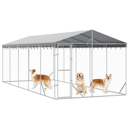 Outdoor Dog Kennel with Roof Silver 9.8‘x24.6‘x8.2‘ Galvanized Steel