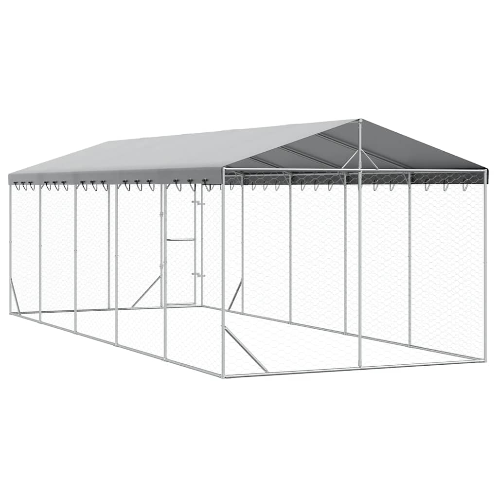 Outdoor Dog Kennel with Roof Silver 9.8‘x24.6‘x8.2‘ Galvanized Steel