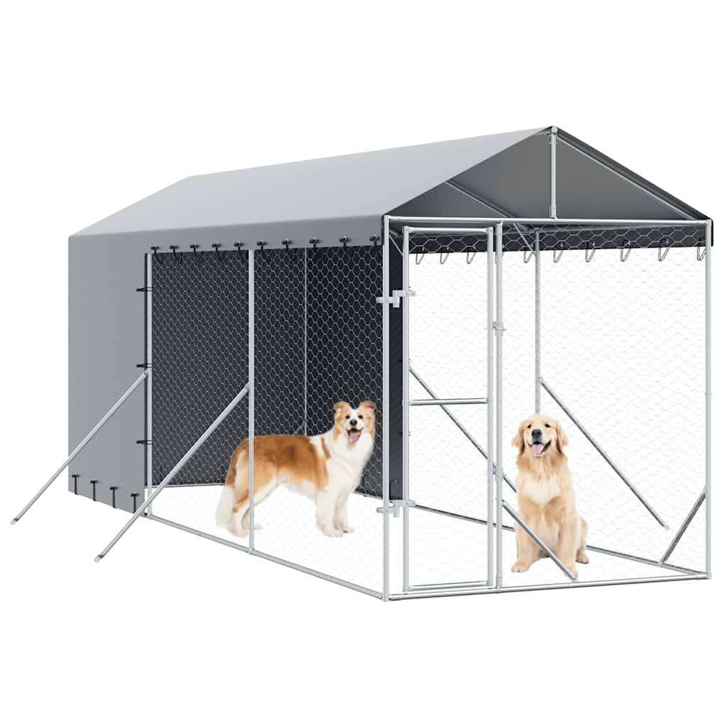 Outdoor Dog Kennel with Roof Silver 6.6‘x19.7‘x8.2‘ Galvanized Steel