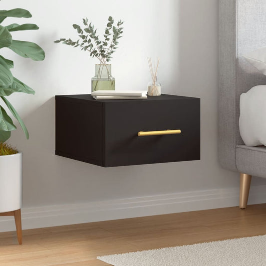 Wall-mounted Bedside Cabinet | Black | Engineered Wood