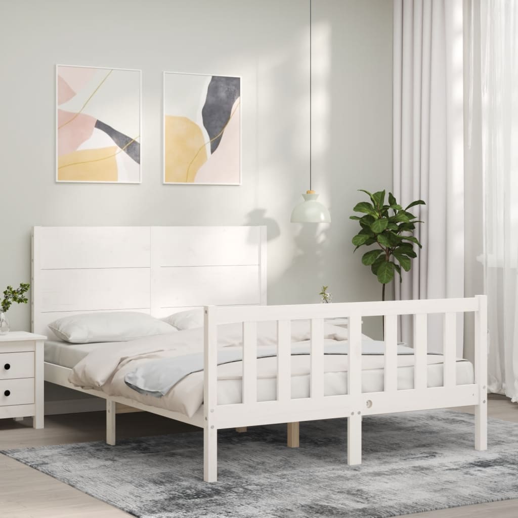 Bed Frame without Mattress White Double Solid Wood Pine