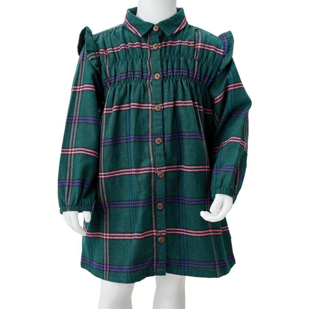 Kids' Dress with Long Sleeves and Ruffles Dark Green 116