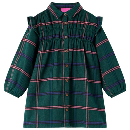 Kids' Dress with Long Sleeves and Ruffles Dark Green 128