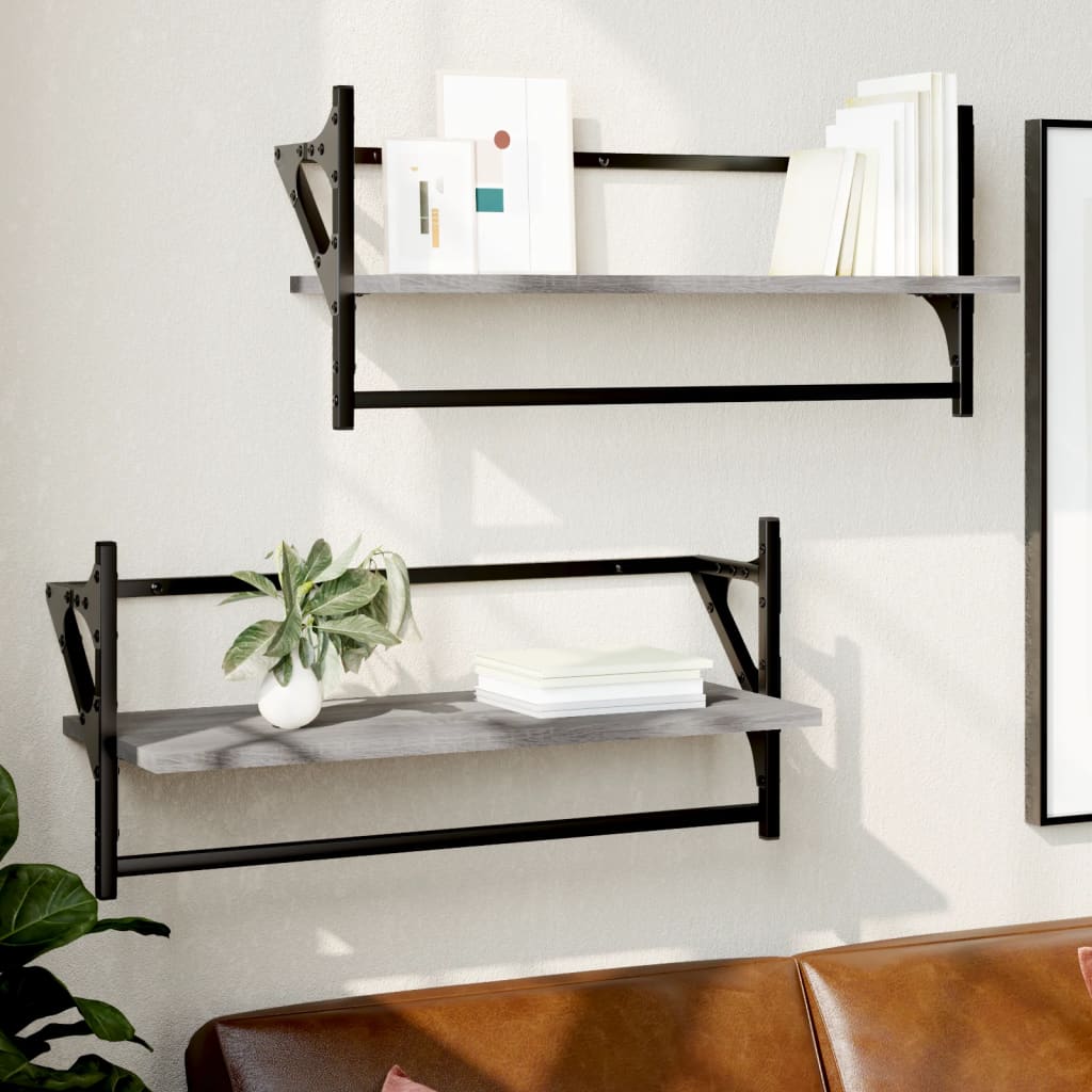 Wall Shelves with Bars 2 pcs Grey Sonoma 65x25x30 cm