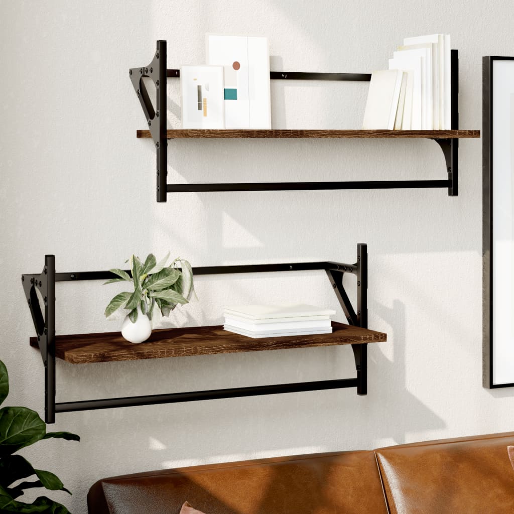 Wall Shelves with Bars 2 pcs Brown Oak 65x25x30 cm