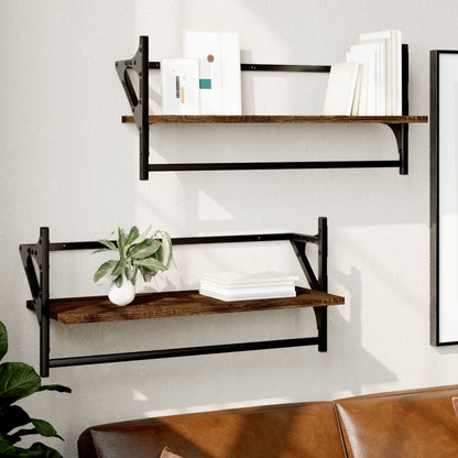 Wall Shelves with Bars 2 pcs Brown Oak 65x25x30 cm