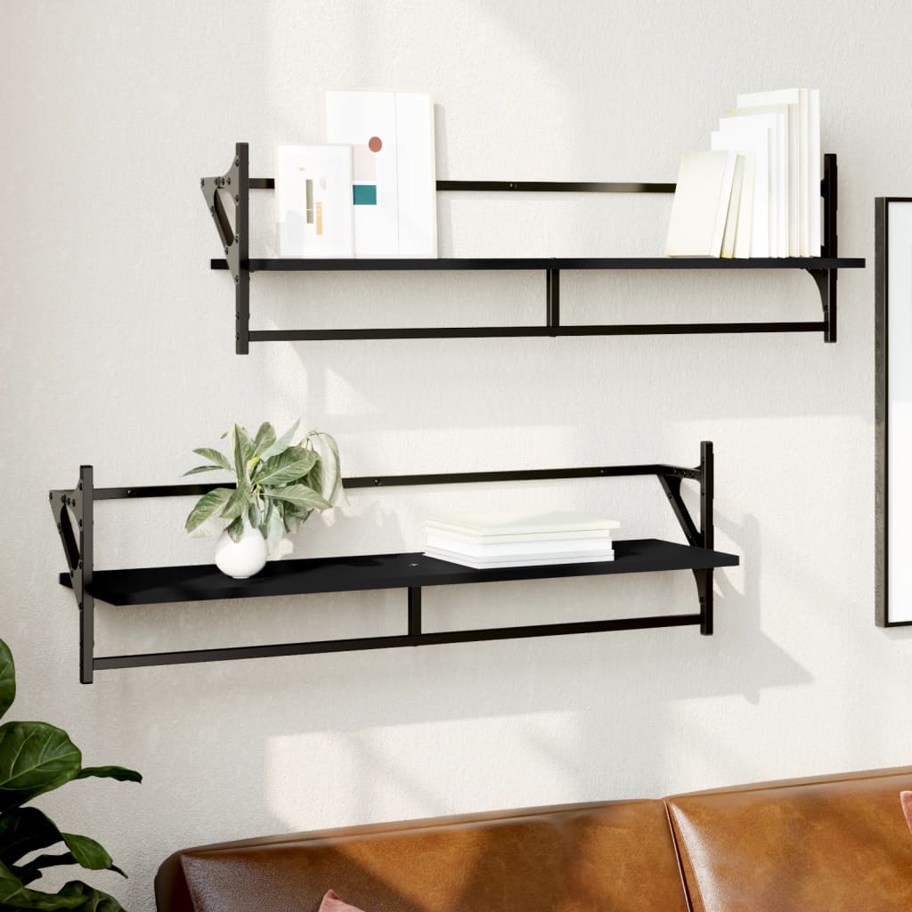 Wall Shelves with Bars 2 pcs Black 100x25x30 cm