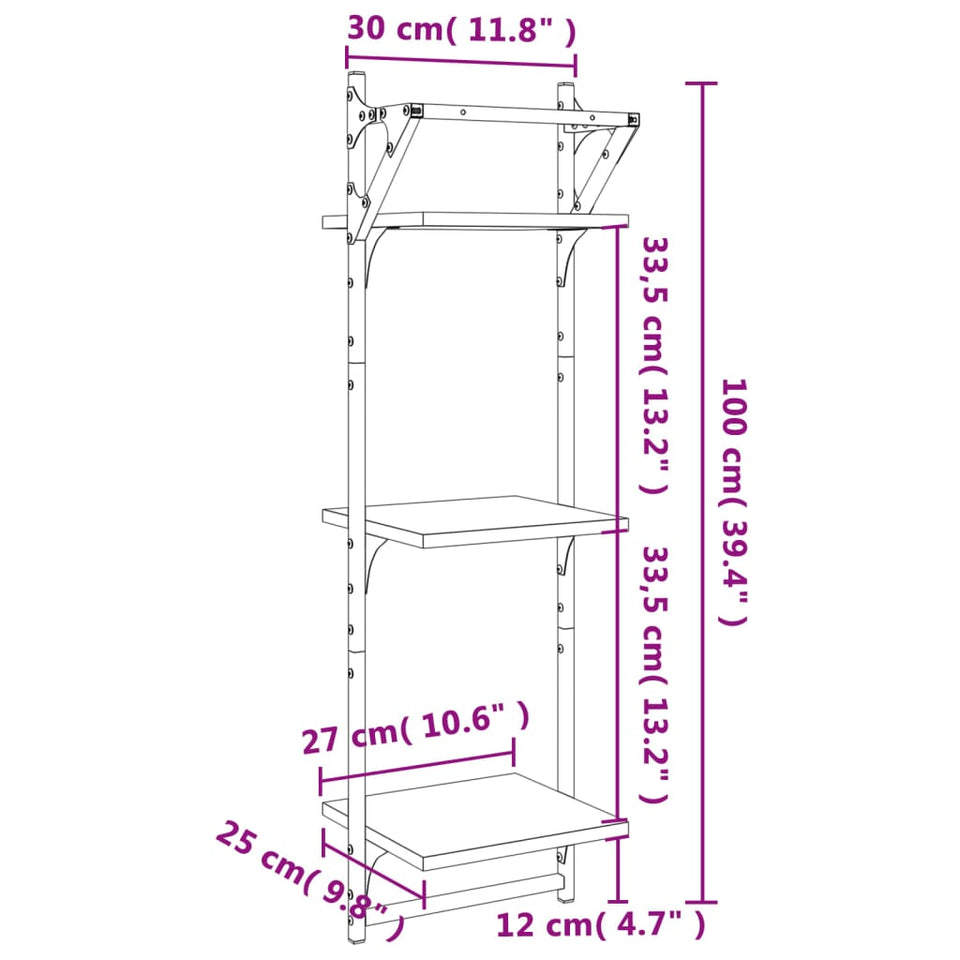 3-Tier Wall Shelves with Bars 2 pcs Black 30x25x100 cm