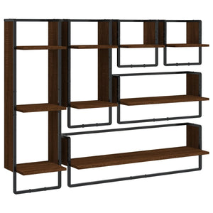 6 Piece Wall Shelf Set with Bars Brown Oak Engineered Wood