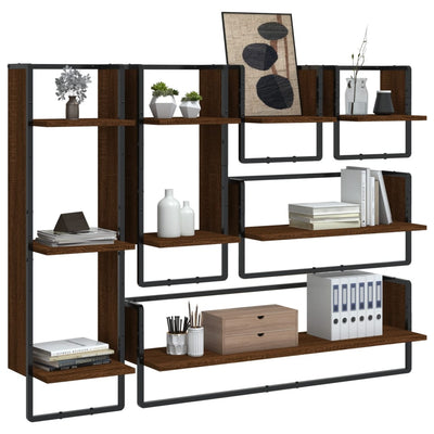 6 Piece Wall Shelf Set with Bars Brown Oak Engineered Wood