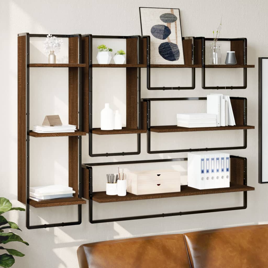 6 Piece Wall Shelf Set with Bars Brown Oak Engineered Wood