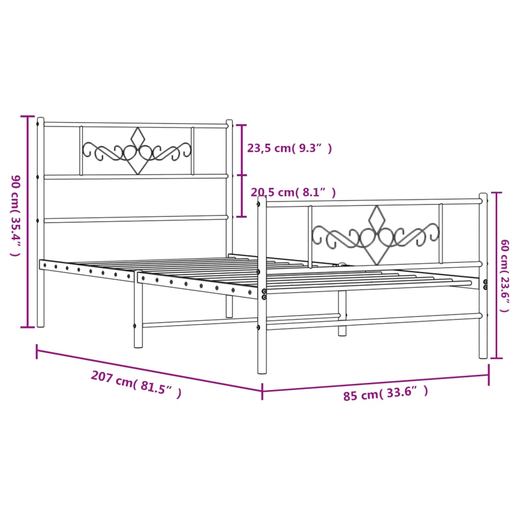 Bed Frame | Black | Steel | 80x200 cm | Bed Frame | Rectangular | Modern