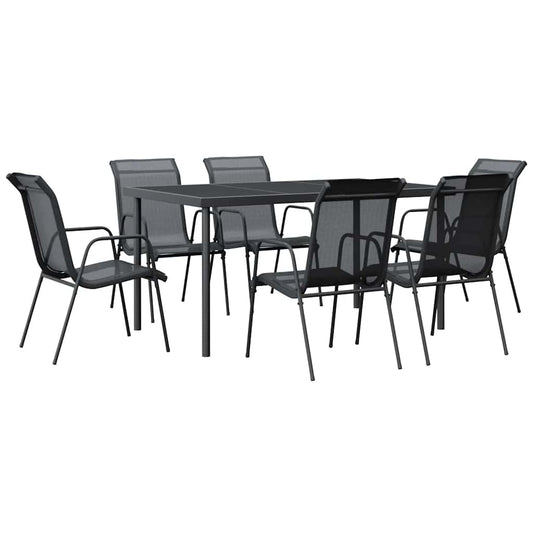 7 Piece Garden Dining Set Black Steel and Textilene