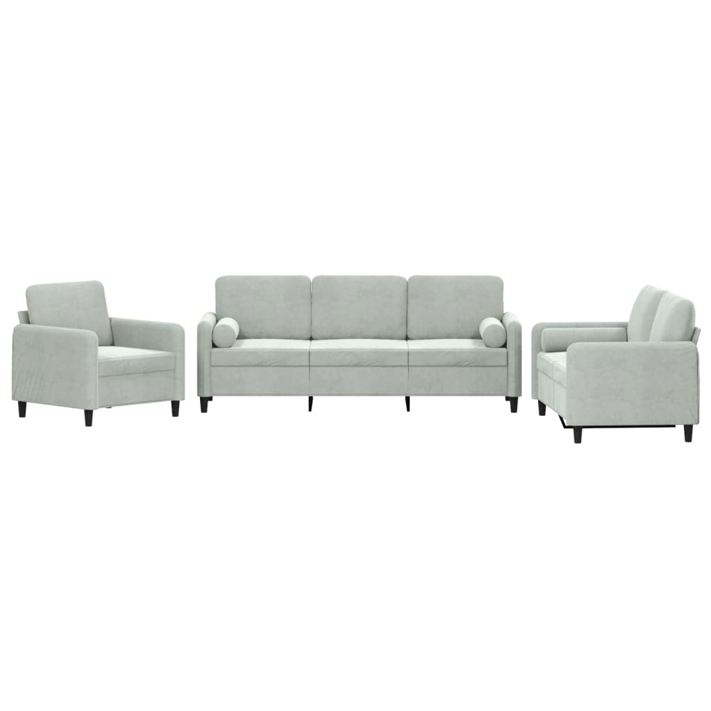 3 Piece Sofa Set with Pillows Light Gray Velvet