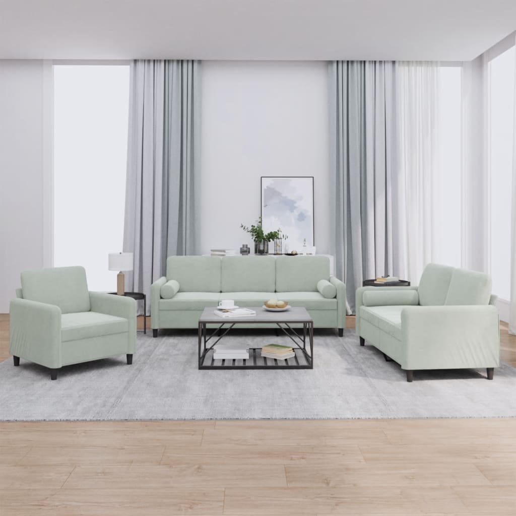 3 Piece Sofa Set with Pillows Light Gray Velvet