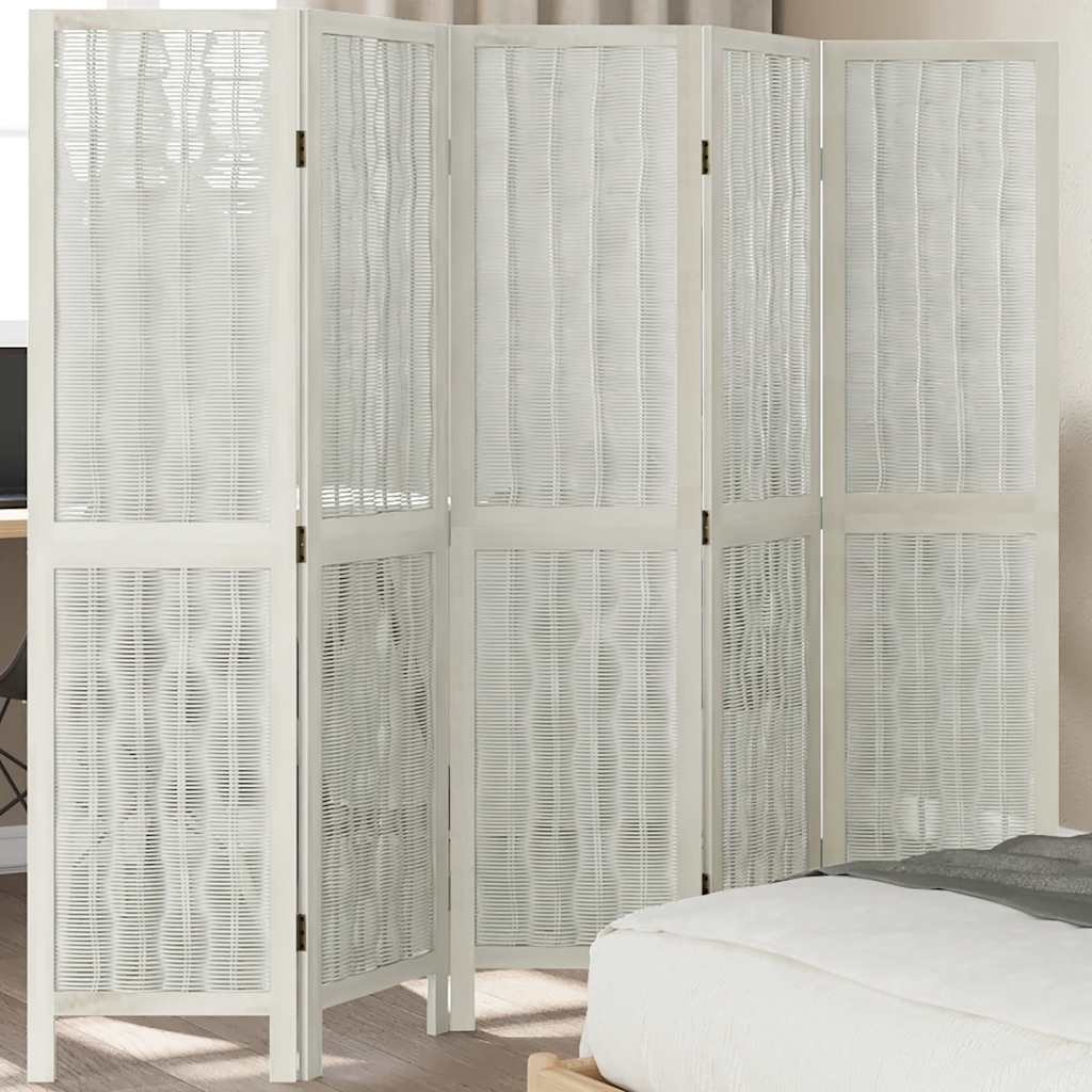 Room Divider 5 Panels White Solid Wood Paulownia