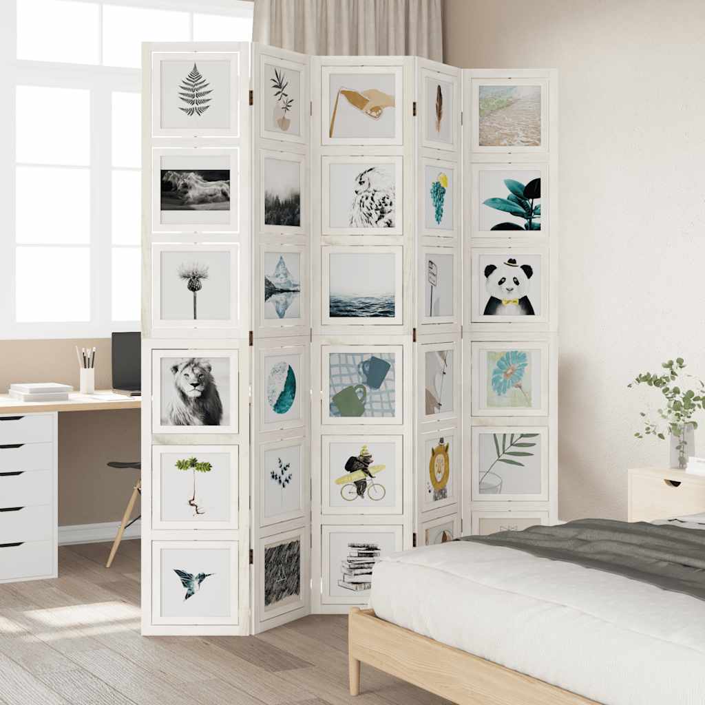 Room Divider 5 Panels White Solid Wood Paulownia