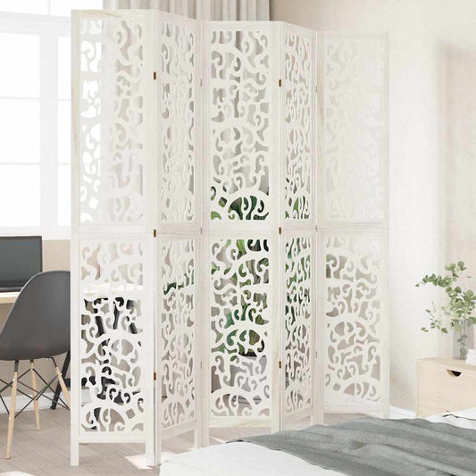 Room Divider 5 Panels White Solid Wood Paulownia