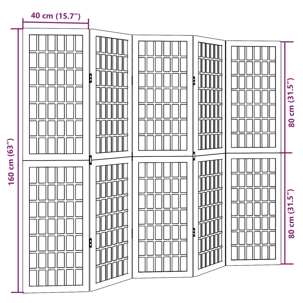 Room Divider 5 Panels White Solid Wood Paulownia