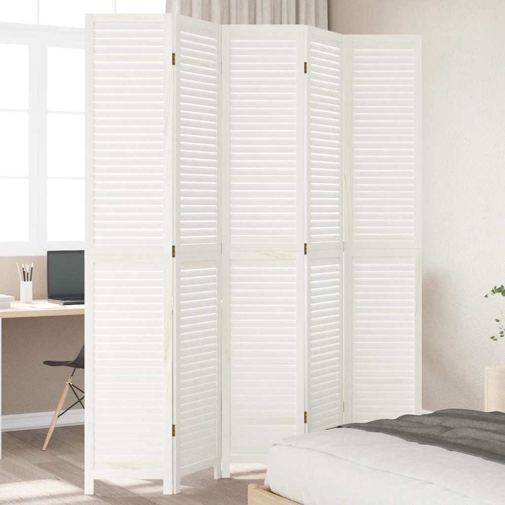 Room Divider 5 Panels White Solid Wood Paulownia