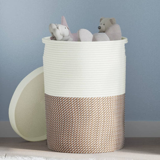 Storage Basket with Lid Brown and White Ø37x50 cm Cotton