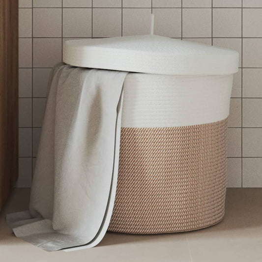 Storage Basket with Lid Brown and White Ø40x35 cm Cotton
