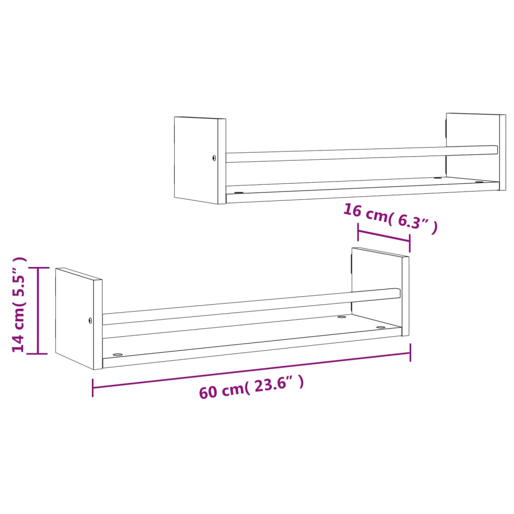 Wall Shelves with Bars 2 pcs Black 60x16x14 cm