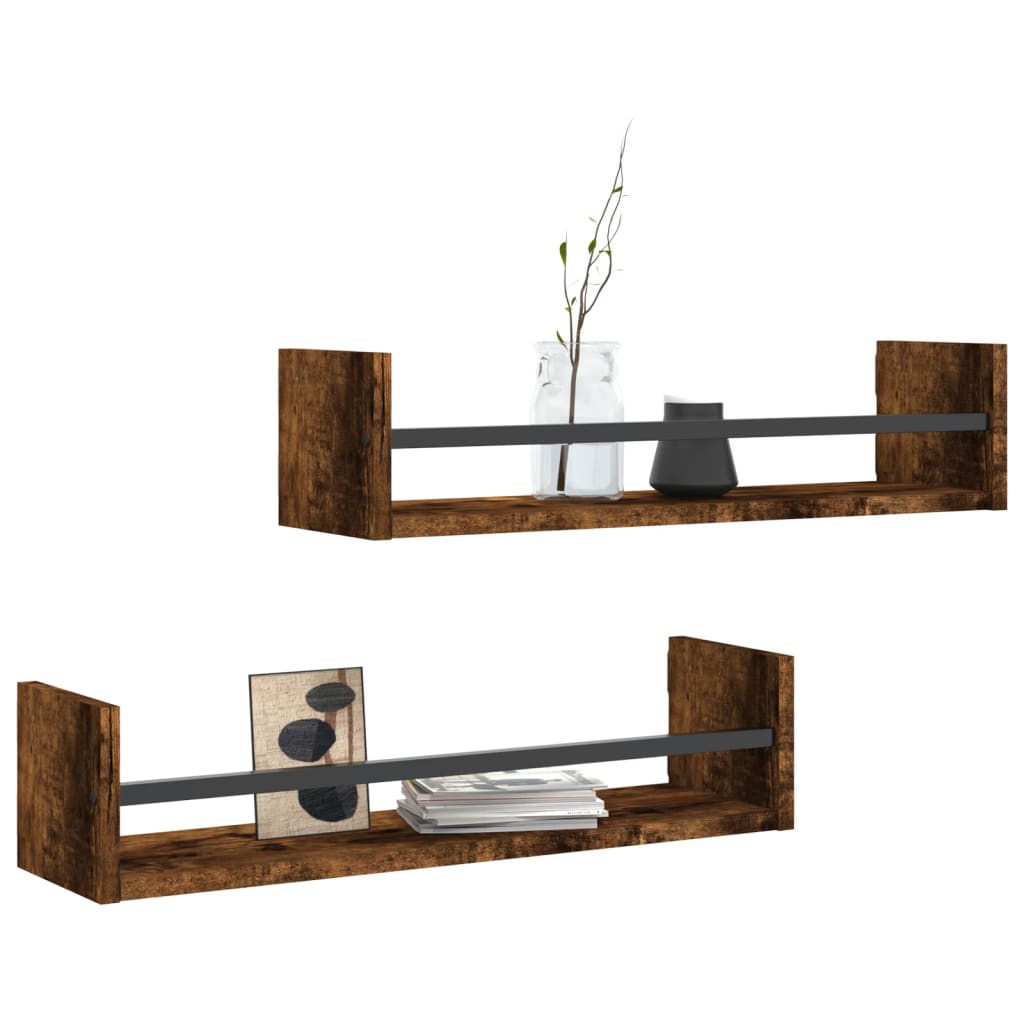 Wall Shelves with Bars 2 pcs Smoked Oak 60x16x14 cm