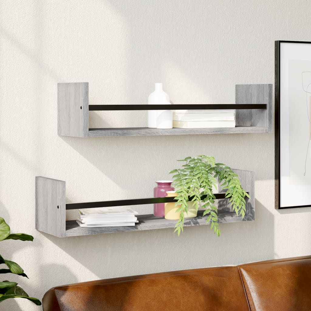 Wall Shelves with Bars 2 pcs Grey Sonoma 60x16x14 cm